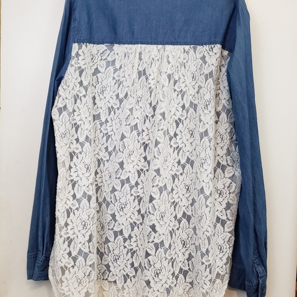 Justify denim with lace back button up shirt plus size - Picture 3 of 7